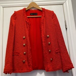 Zara Vibrant Red Tweed Blazer with Gold Buttons